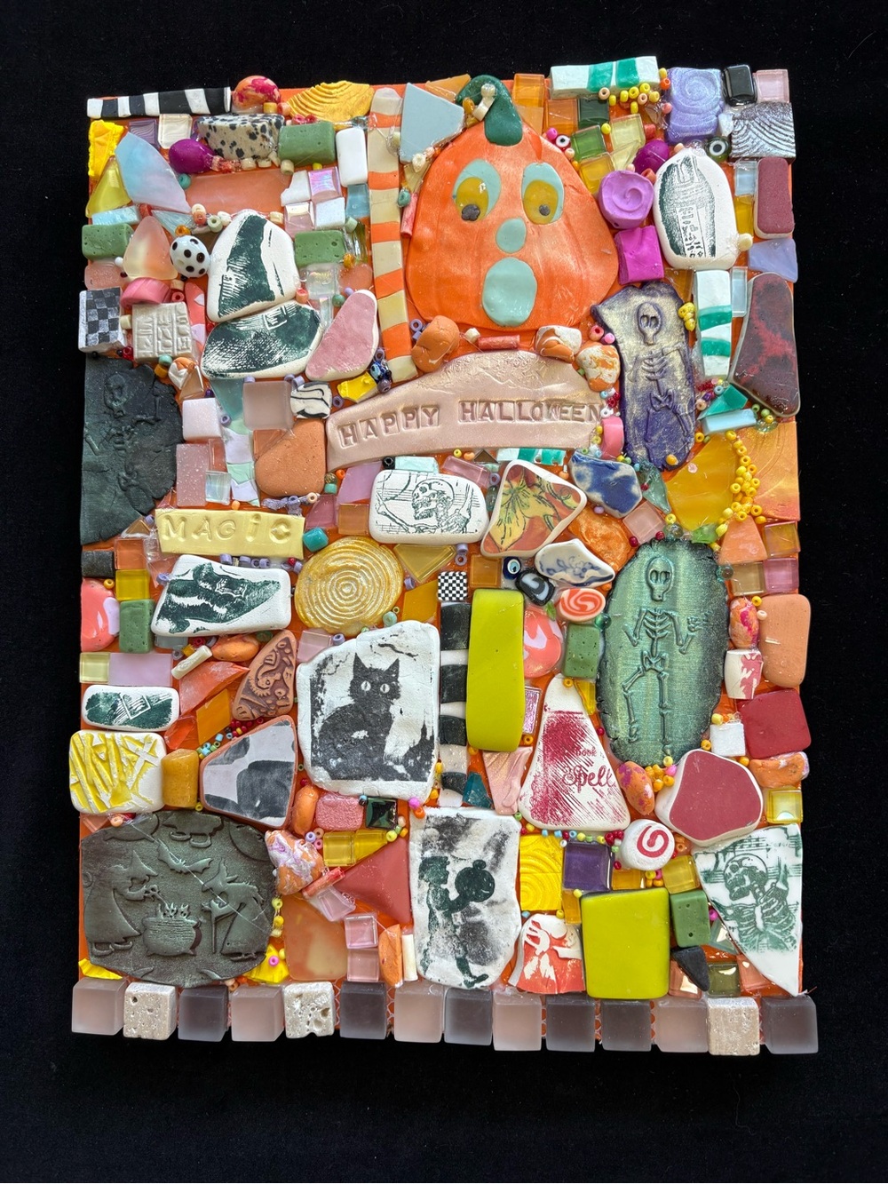 Handmade Mosaic Happy Halloween “Polymer Clay & GlassOriginal Art Wood 12”x9”